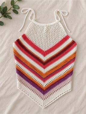 American Eagle Crochet Halter Top XL Striped Handkerchief Boho Festival Y2K